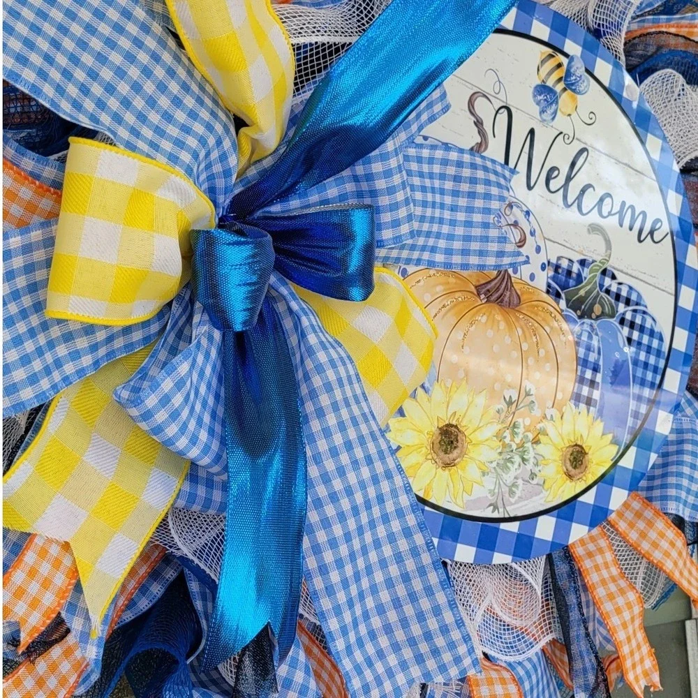 Sunflower Pumpkin Welcome Blue Orange Sunflower Pancake wreath  Holiday decor